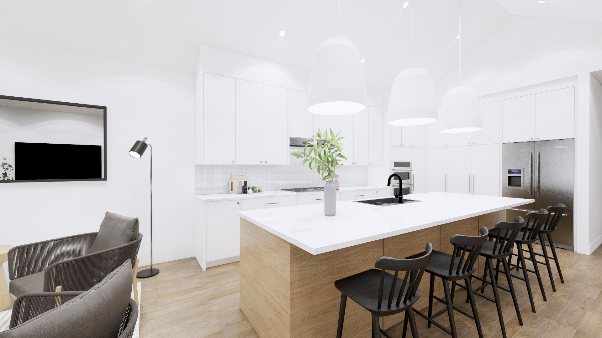 Barbuda open-plan kitchen and living area with white cabinetry
